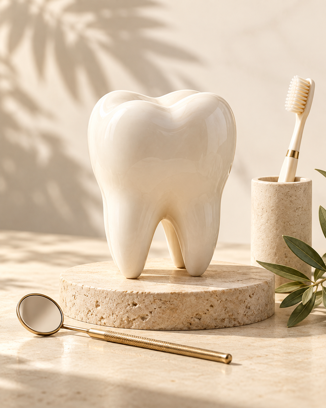 An ivory tooth sculpture with a gold dental mirror and toothbrush in warm sunlight